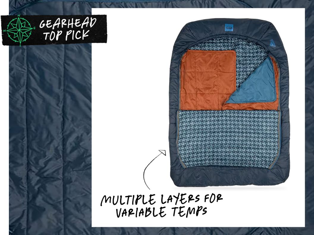 A wide rectangular sleeping bag. Text overlay reads: Gearhead top pick, Kelty Tru.comfort doublewide sleeping bag.